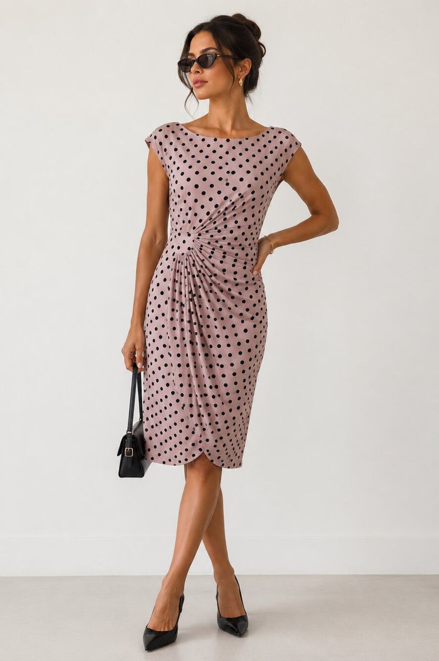 Connected Apparel Petite 12P Pink Black Polka Dot Ruched Sheath Midi Dress